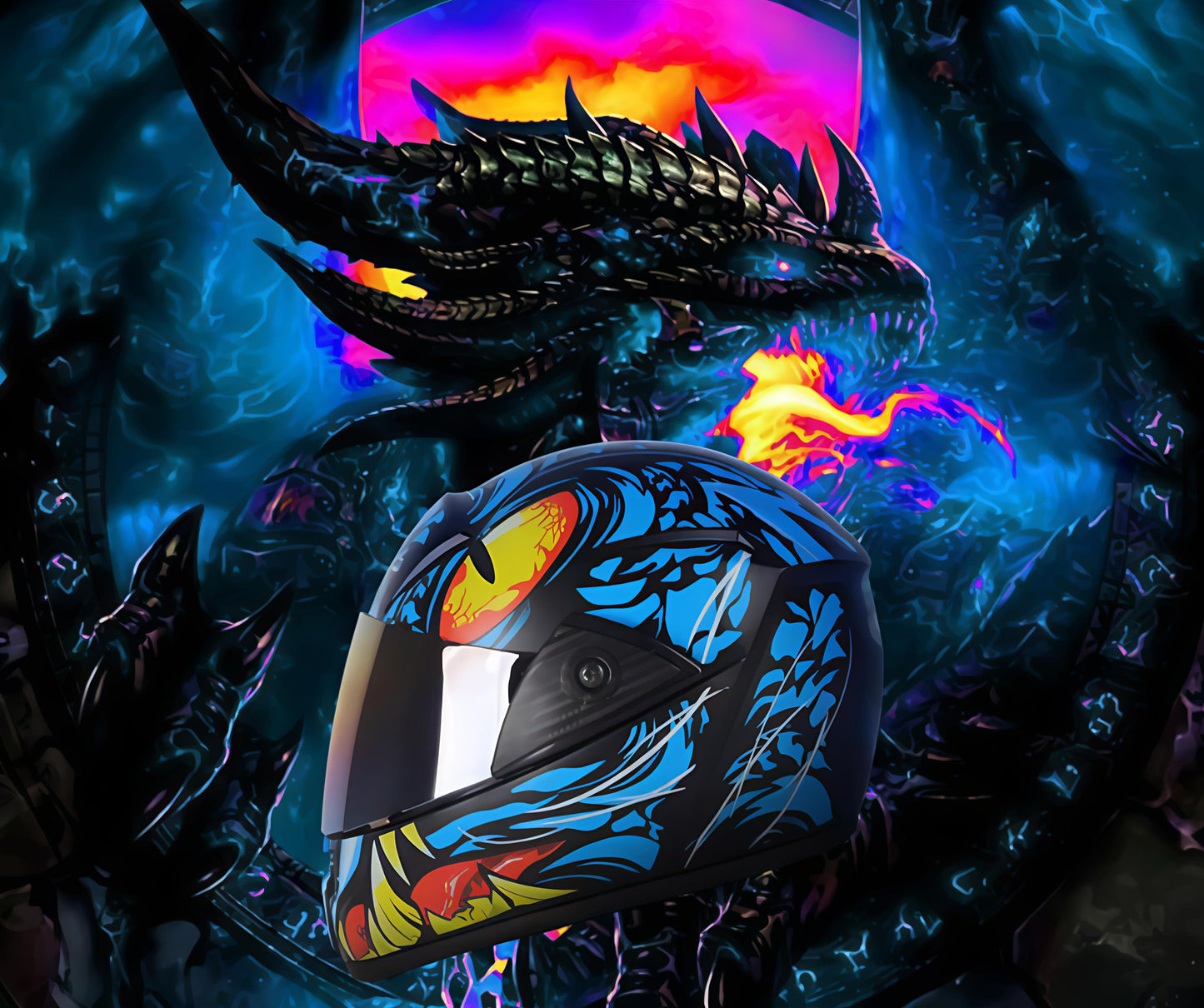 Cosmic Dragon Blaze Helmet – Futuristic Neon Full-Face Helmet