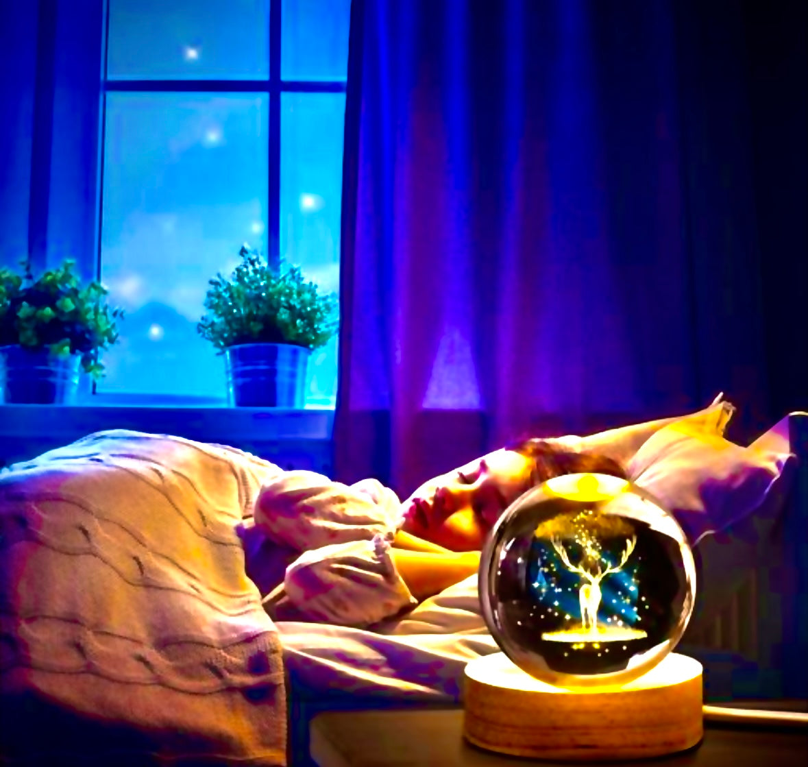 Celestial Stag Crystal Lamp – LED Glass Globe with Wooden Base