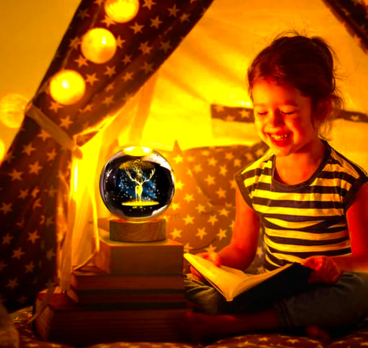 Celestial Stag Crystal Lamp – LED Glass Globe with Wooden Base