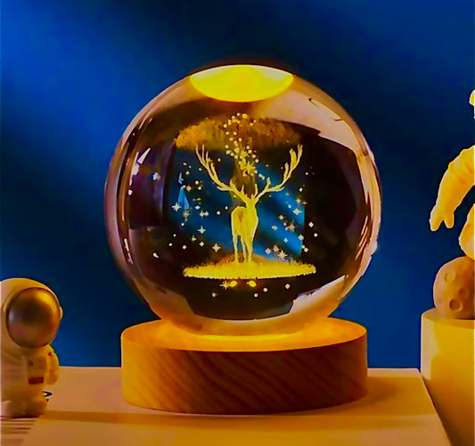 Celestial Stag Crystal Lamp – LED Glass Globe with Wooden Base