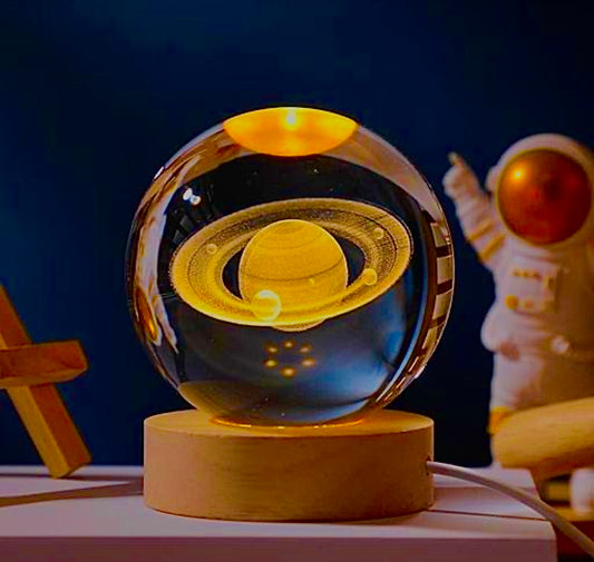 Saturn Dreams Crystal Lamp – 3D Laser-Etched Planet in Glass Sphere with LED Light